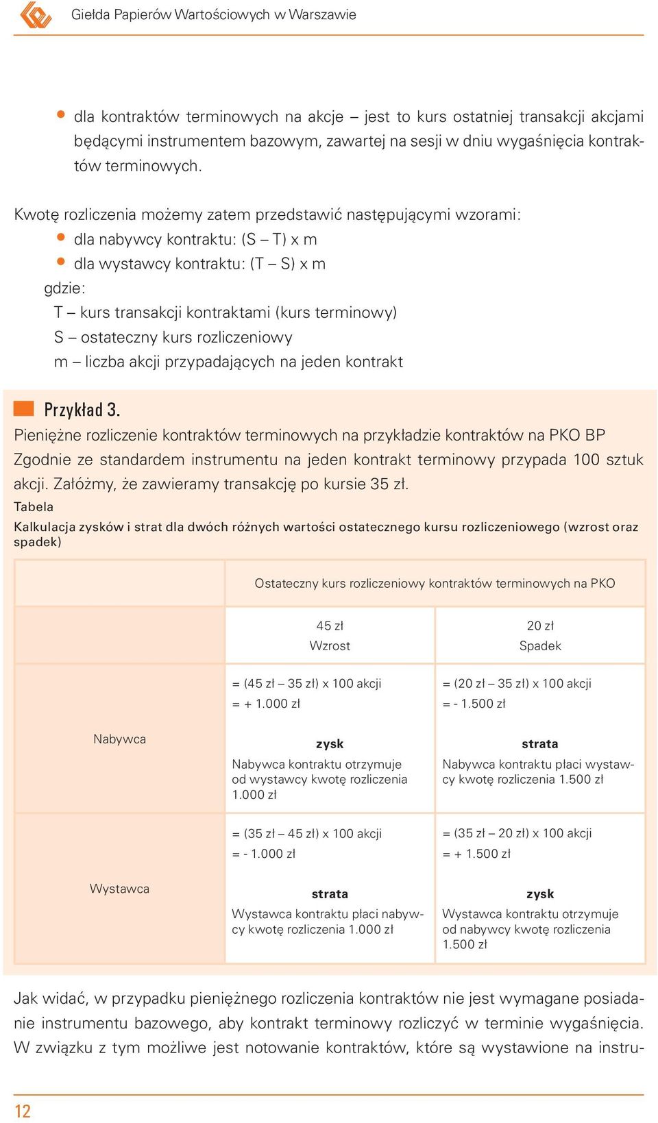 Kwotę rozliczenia możemy zatem przedstawić następującymi wzorami: dla nabywcy kontraktu: (S T) x m dla wystawcy kontraktu: (T S) x m gdzie: T kurs transakcji kontraktami (kurs terminowy) S ostateczny