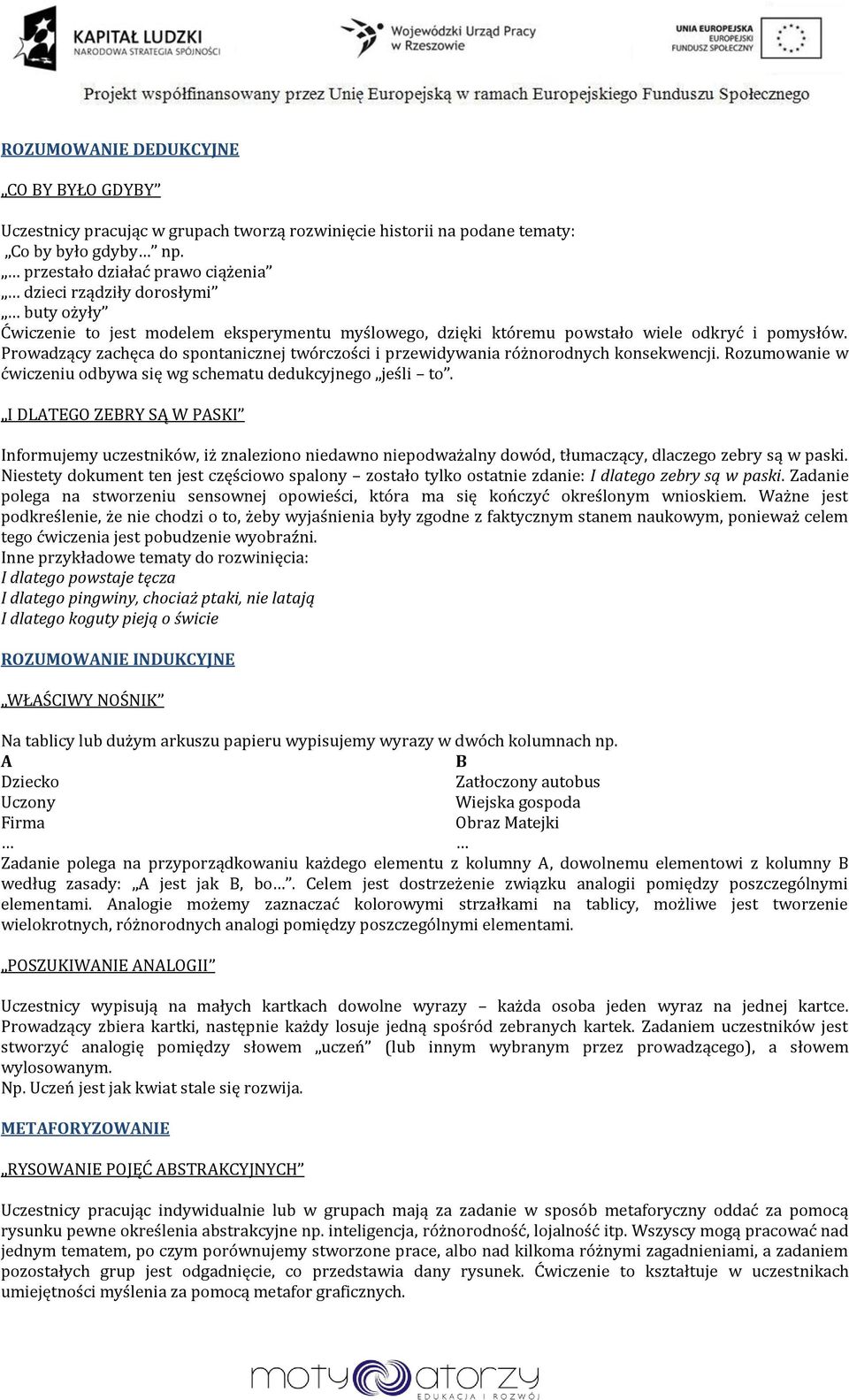 Prowadzący zachęca do spontanicznej twórczości i przewidywania różnorodnych konsekwencji. Rozumowanie w ćwiczeniu odbywa się wg schematu dedukcyjnego jeśli to.