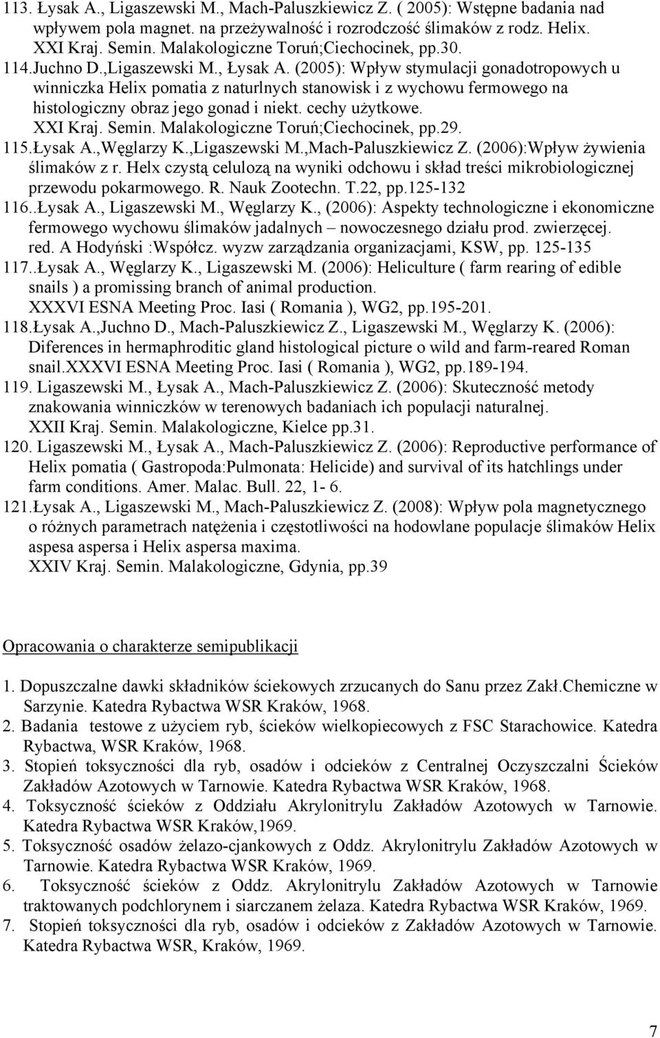 (2005): Wpływ stymulacji gonadotropowych u winniczka Helix pomatia z naturlnych stanowisk i z wychowu fermowego na histologiczny obraz jego gonad i niekt. cechy użytkowe. XXI Kraj. Semin.