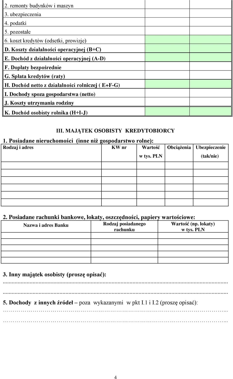 Dochód osobisty rolnika (H+I-J) III. MAJĄTEK OSOBISTY KREDYTOBIORCY 1. Posiadane nieruchomości (inne niż gospodarstwo rolne): Rodzaj i adres KW nr Wartość Obciążenia Ubezpieczenie 2.