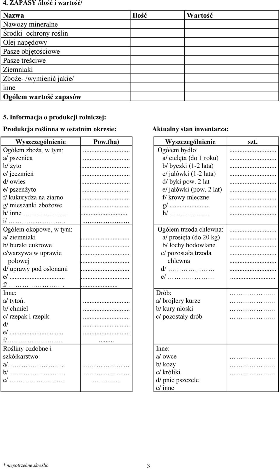 . Aktualny stan inwentarza: Wyszczególnienie Pow.(ha) Wyszczególnienie szt................ i/.. Ogółem okopowe, w tym: a/ ziemniaki b/ buraki cukrowe c/warzywa w uprawie polowej d/ uprawy pod osłonami.