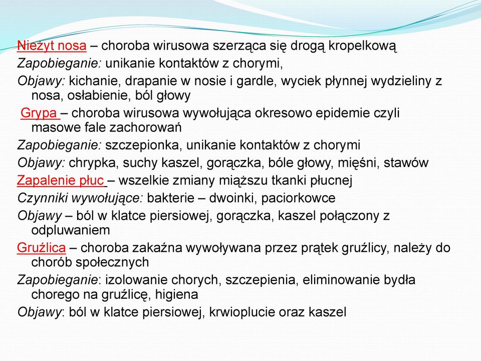 mięśni, stawów Zapalenie płuc wszelkie zmiany miąższu tkanki płucnej Czynniki wywołujące: bakterie dwoinki, paciorkowce Objawy ból w klatce piersiowej, gorączka, kaszel połączony z odpluwaniem