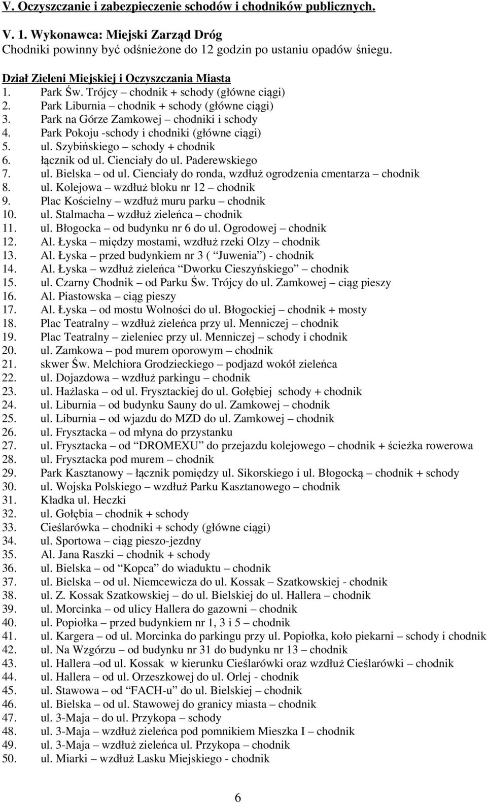 Park Pokoju -schody i chodniki (główne ciągi) 5. ul. Szybińskiego schody + chodnik 6. łącznik od ul. Cienciały do ul. Paderewskiego 7. ul. Bielska od ul.