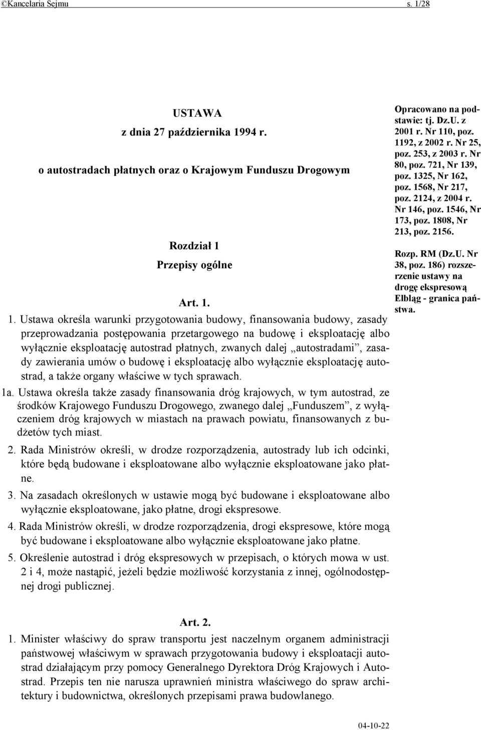 94 r. o autostradach płatnych oraz o Krajowym Funduszu Drogowym Rozdział 1 