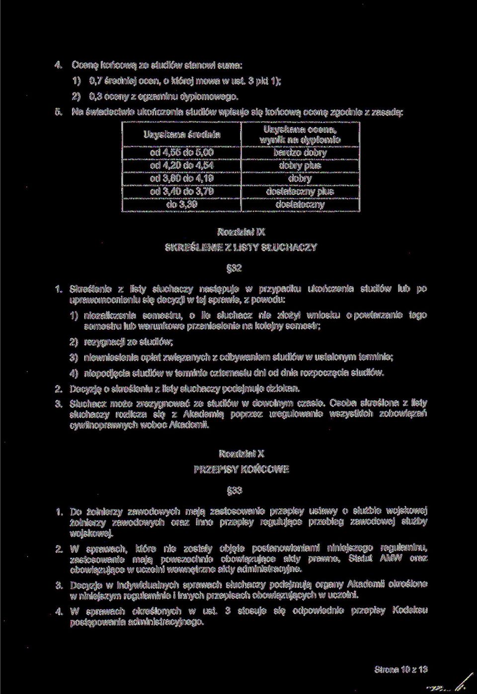 dyplomie bardzo dobry dobry plus dobry dostateczny plus dostateczny Rozdział IX SKREŚLENIE Z LISTY SŁUCHACZY 32 1.