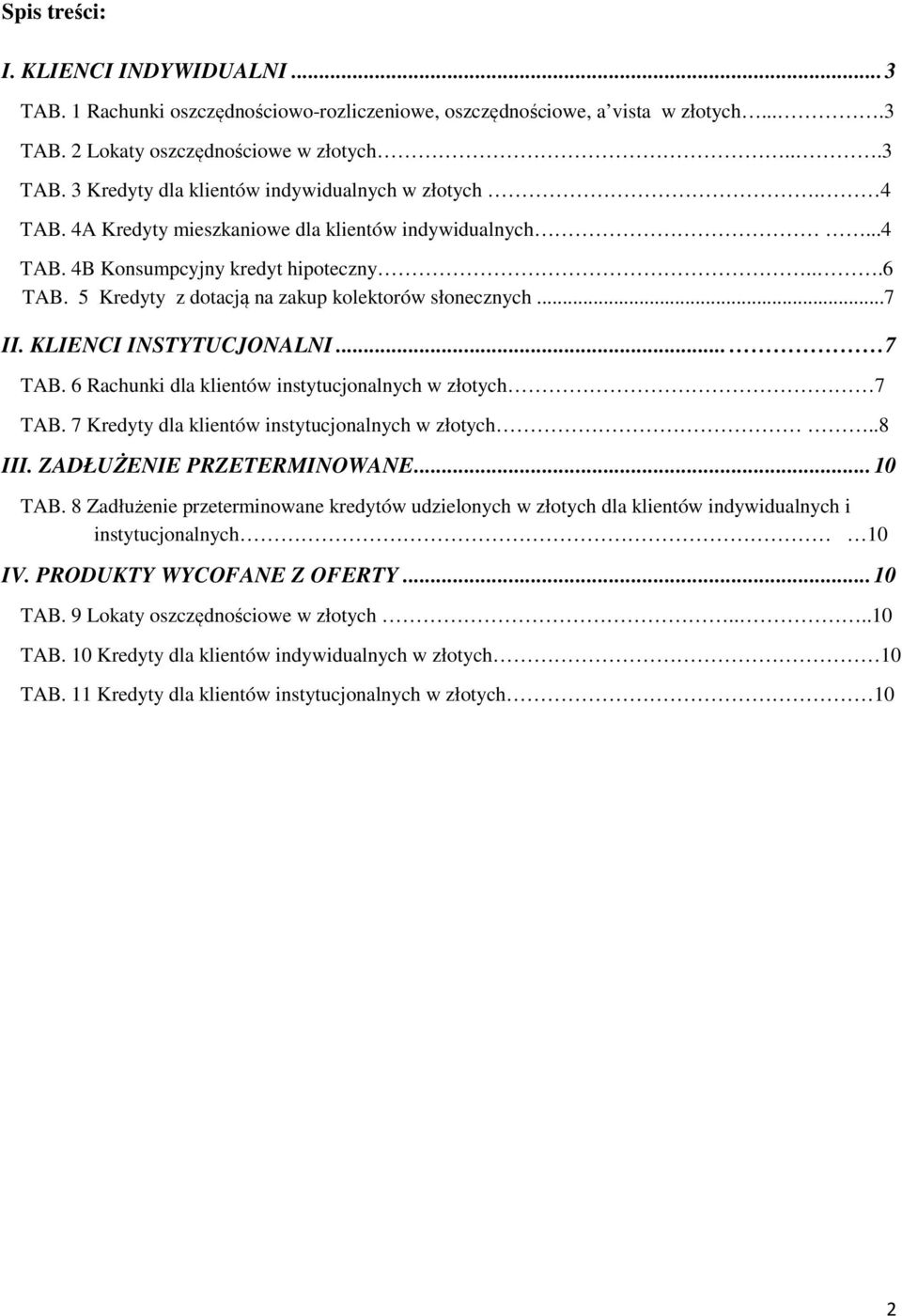 .. 7 TAB. 6 Rachunki dla klientów instytucjonalnych w złotych 7 TAB. 7 Kredyty dla klientów instytucjonalnych w złotych..8 III. ZADŁUŻENIE PRZETERMINOWANE... 10 TAB.