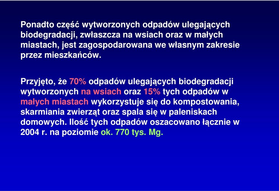 Przyjęto, że 70% odpadów ulegających biodegradacji wytworzonych na wsiach oraz 15% tych odpadów w małych