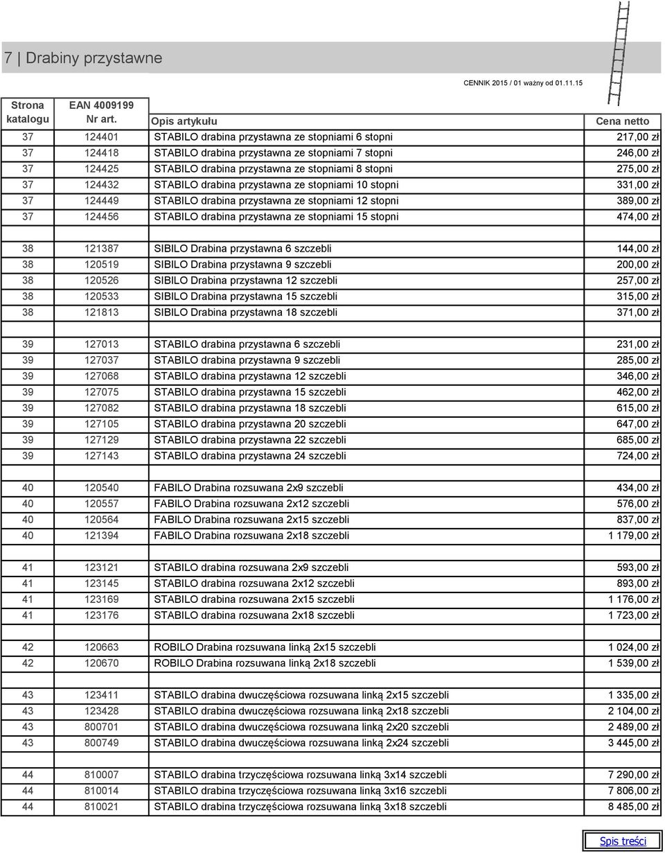 stopniami 8 stopni 275,00 zł 37 124432 STABILO drabina przystawna ze stopniami 10 stopni 331,00 zł 37 124449 STABILO drabina przystawna ze stopniami 12 stopni 389,00 zł 37 124456 STABILO drabina