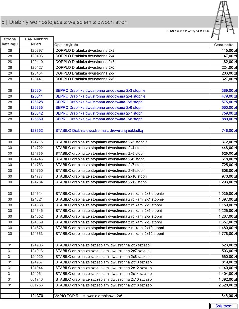 DOPPLO Drabinka dwustronna 2x6 224,00 zł 28 120434 DOPPLO Drabinka dwustronna 2x7 283,00 zł 28 120441 DOPPLO Drabinka dwustronna 2x8 327,00 zł 28 125804 SEPRO Drabinka dwustronna anodowana 2x3