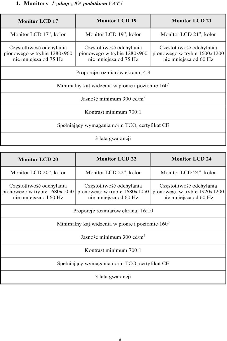 minimum 700:1 Spełniający wymagania norm TCO, certyfikat CE 3 lata gwarancji Monitor LCD 20 Monitor LCD 22 Monitor LCD 24 Monitor LCD 20, kolor Monitor LCD 22, kolor Monitor LCD 24, kolor pionowego w