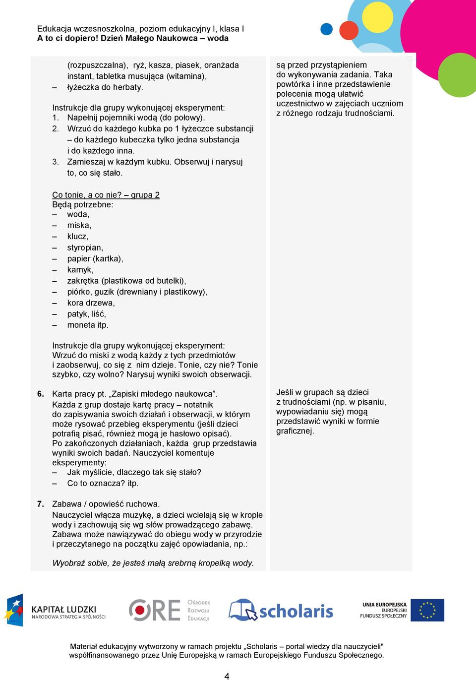 są przed przystąpieniem do wykonywania zadania. Taka powtórka i inne przedstawienie polecenia mogą ułatwić uczestnictwo w zajęciach uczniom z różnego rodzaju trudnościami. Co tonie, a co nie?