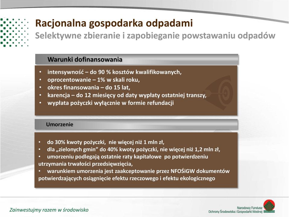 kwoty pożyczki, nie więcej niż 1 mln zł, dla zielonych gmin do 40% kwoty pożyczki, nie więcej niż 1,2 mln zł, umorzeniu podlegają ostatnie raty kapitałowe po potwierdzeniu