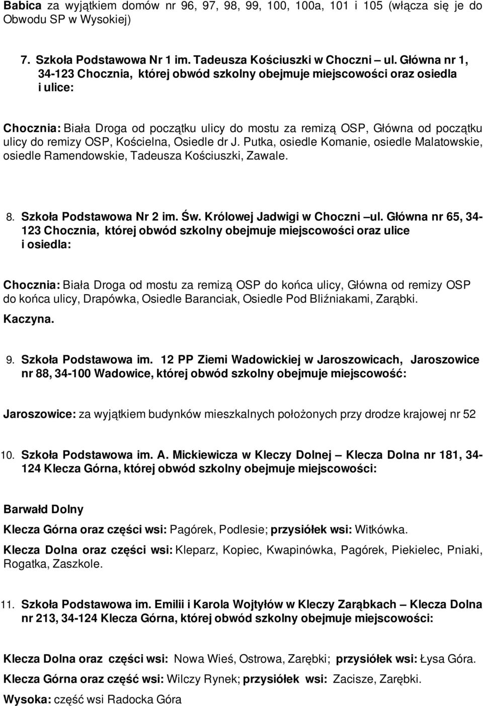 Kościelna, Osiedle dr J. Putka, osiedle Komanie, osiedle Malatowskie, osiedle Ramendowskie, Tadeusza Kościuszki, Zawale. 8. Szkoła Podstawowa Nr 2 im. Św. Królowej Jadwigi w Choczni ul.