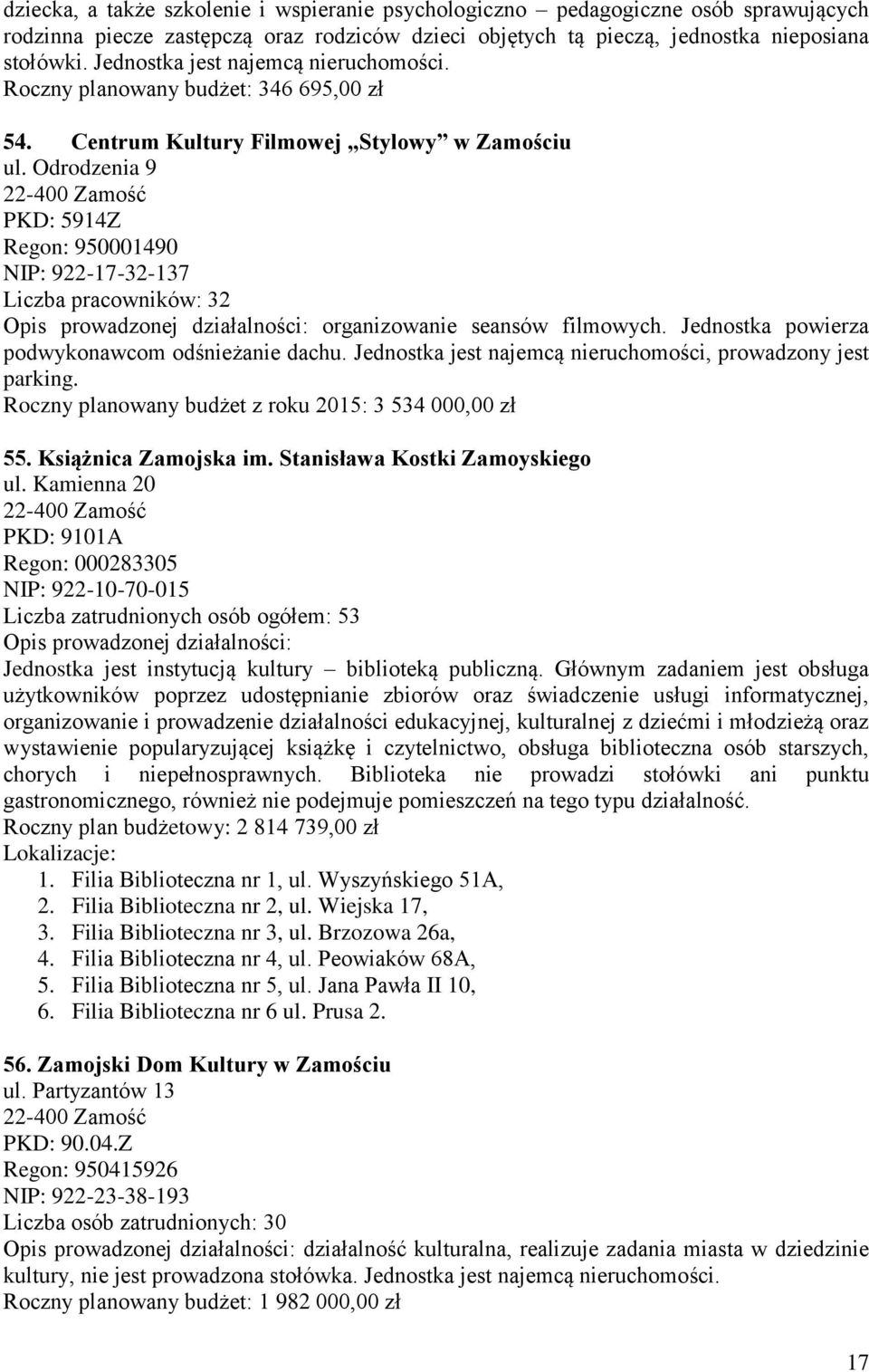 Odrodzenia 9 PKD: 5914Z Regon: 950001490 NIP: 922-17-32-137 Liczba pracowników: 32 Opis prowadzonej działalności: organizowanie seansów filmowych. Jednostka powierza podwykonawcom odśnieżanie dachu.