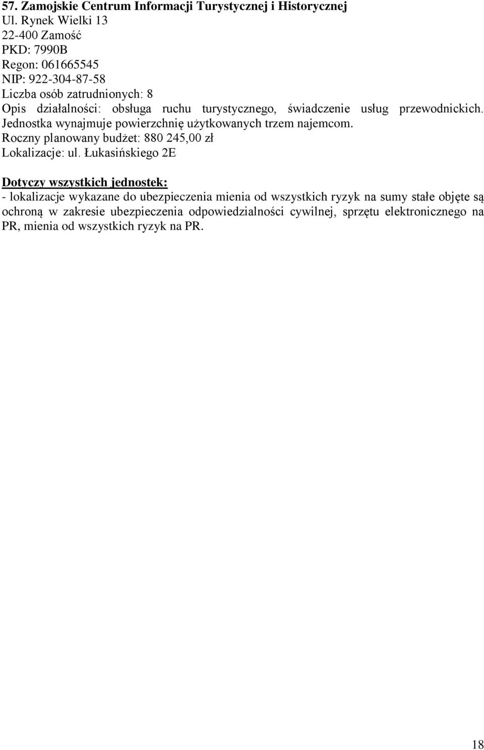 usług przewodnickich. Jednostka wynajmuje powierzchnię użytkowanych trzem najemcom. Roczny planowany budżet: 880 245,00 zł Lokalizacje: ul.