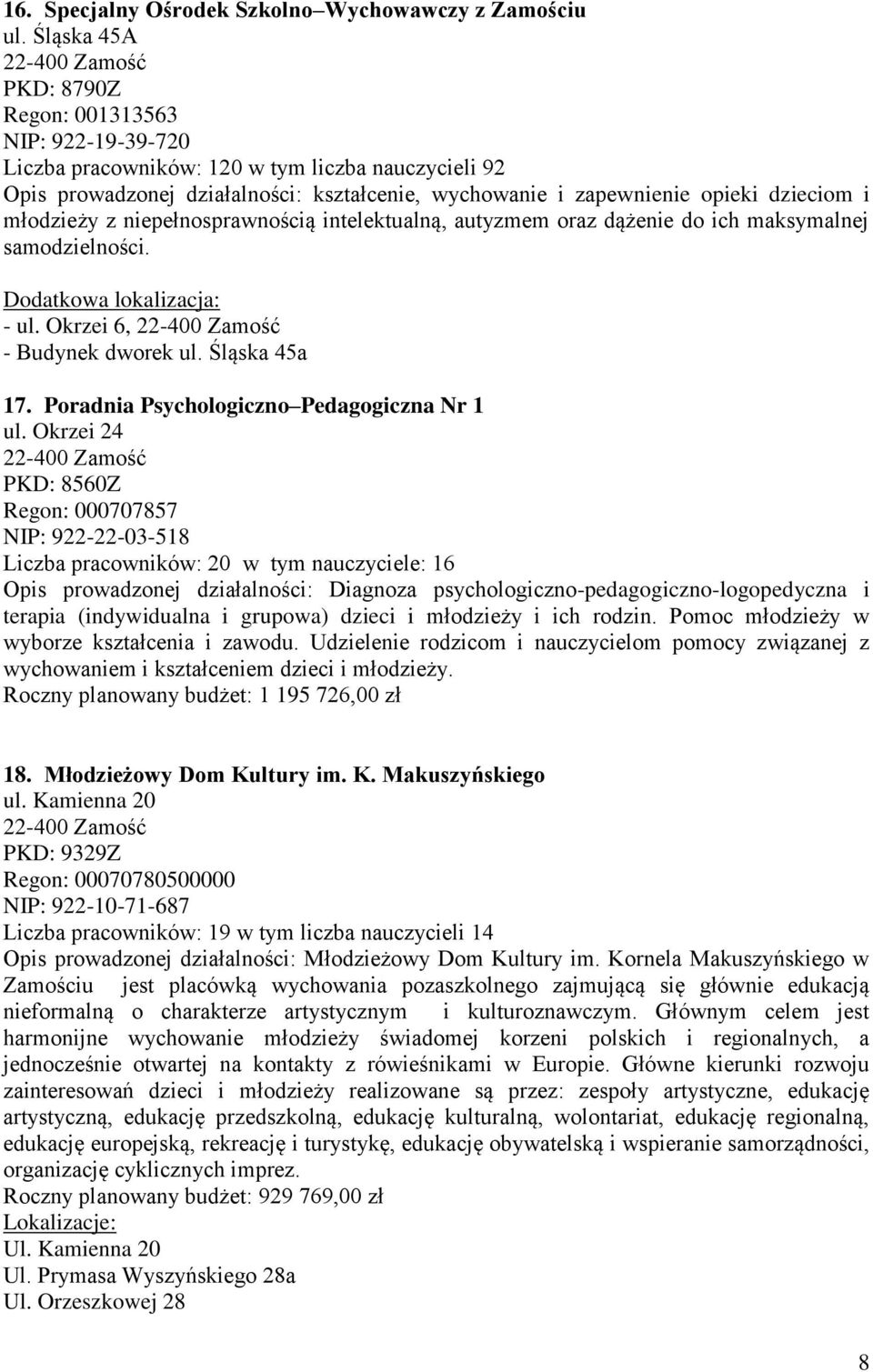 młodzieży z niepełnosprawnością intelektualną, autyzmem oraz dążenie do ich maksymalnej samodzielności. Dodatkowa lokalizacja: - ul. Okrzei 6, - Budynek dworek ul. Śląska 45a 17.