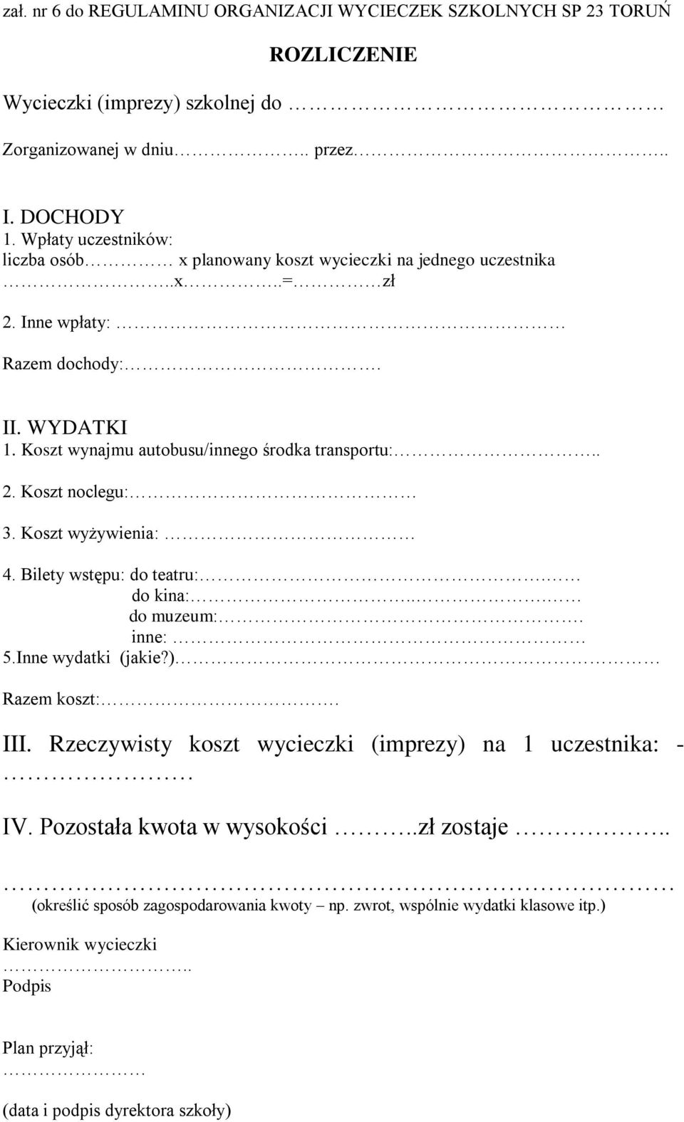 . 2. Koszt noclegu: 3. Koszt wyżywienia: 4. Bilety wstępu: do teatru:. do kina:... do muzeum:. inne: 5.Inne wydatki (jakie?) Razem koszt:. III.