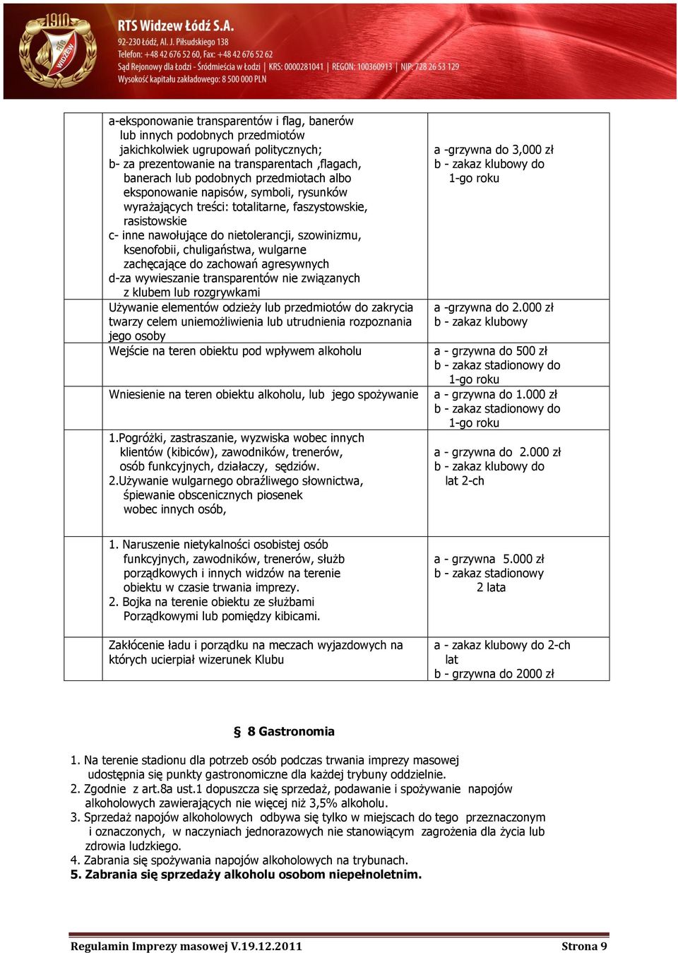 zachęcające do zachowań agresywnych d-za wywieszanie transparentów nie związanych z klubem lub rozgrywkami Używanie elementów odzieży lub przedmiotów do zakrycia twarzy celem uniemożliwienia lub