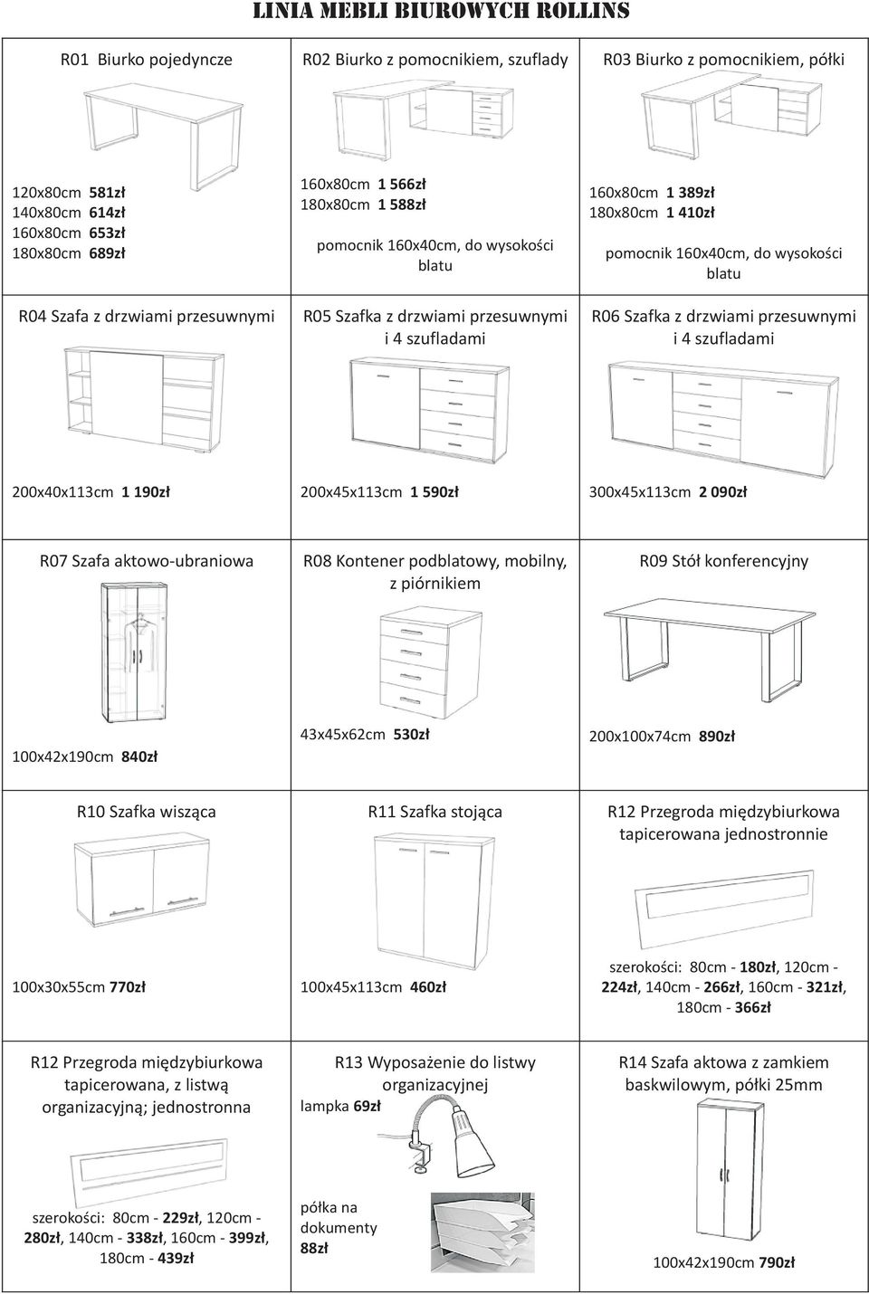 blatu R06 Szafka z drzwiami przesuwnymi i 4 szufladami 200x40x113cm 1 190z³ 200x45x113cm 1 590z³ 300x45x113cm 2 090z³ R07 Szafa aktowo-ubraniowa R08 Kontener podblatowy, mobilny, z piórnikiem R09