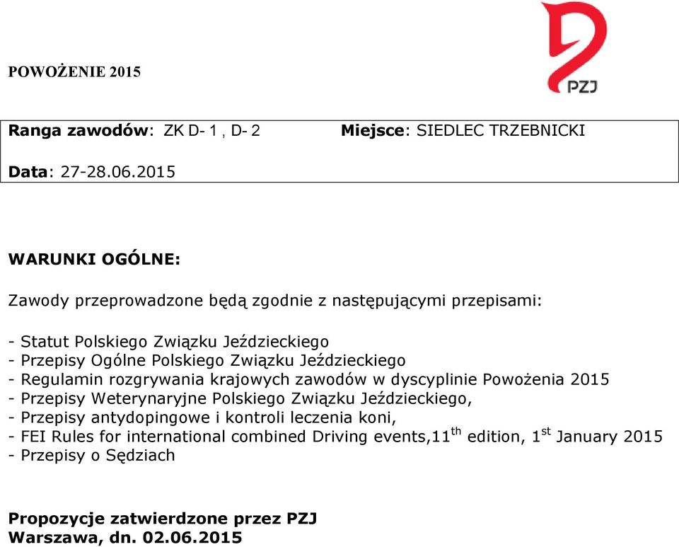 Polskiego Związku Jeździeckiego - Regulamin rozgrywania krajowych zawodów w dyscyplinie Powożenia 2015 - Przepisy Weterynaryjne Polskiego Związku