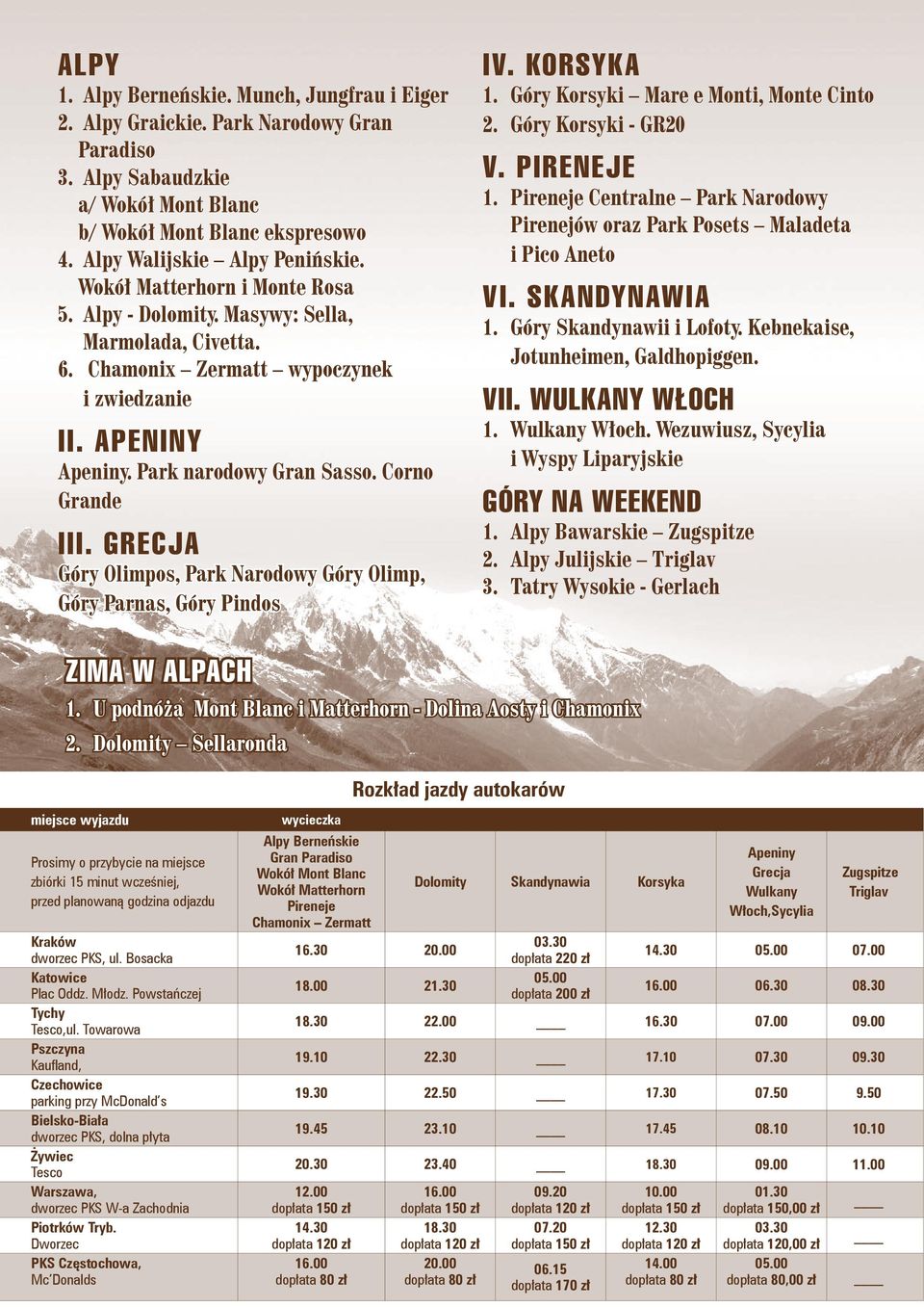 GRECJA Góry Olimpos, Park Narodowy Góry Olimp, Góry Parnas, Góry Pindos IV. KORSYKA 1. 2. Góry Korsyki Mare e Monti, Monte Cinto Góry Korsyki - GR20 V. PIRENEJE 1.