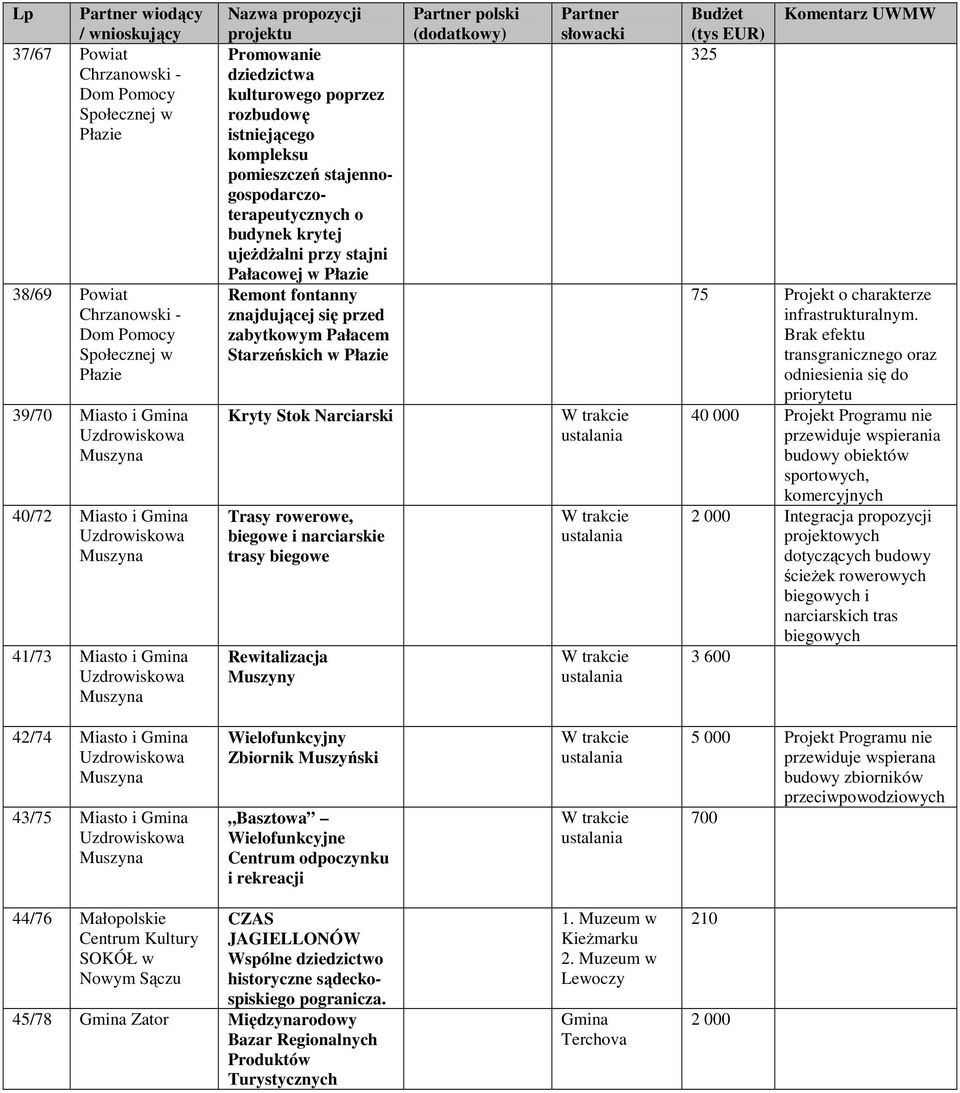 Pałacem Starzeńskich w Płazie Kryty Stok Narciarski Trasy rowerowe, biegowe i narciarskie trasy biegowe Rewitalizacja Muszyny W trakcie ustalania W trakcie ustalania W trakcie ustalania BudŜet 325 75