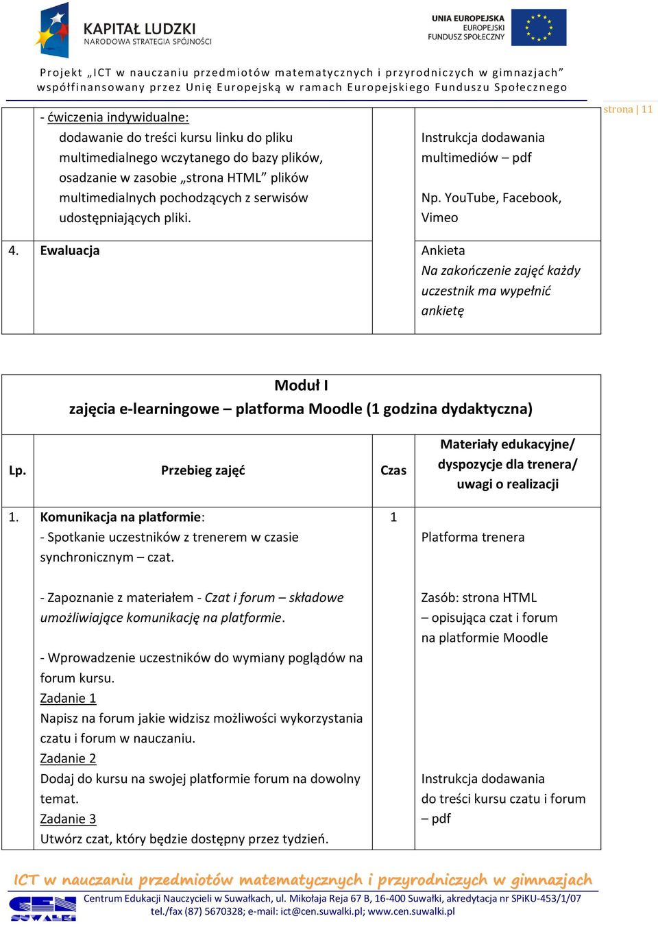 Ewaluacja Ankieta Na zakooczenie zajęd każdy uczestnik ma wypełnid ankietę Moduł I zajęcia e-learningowe platforma Moodle ( godzina dydaktyczna) Lp.