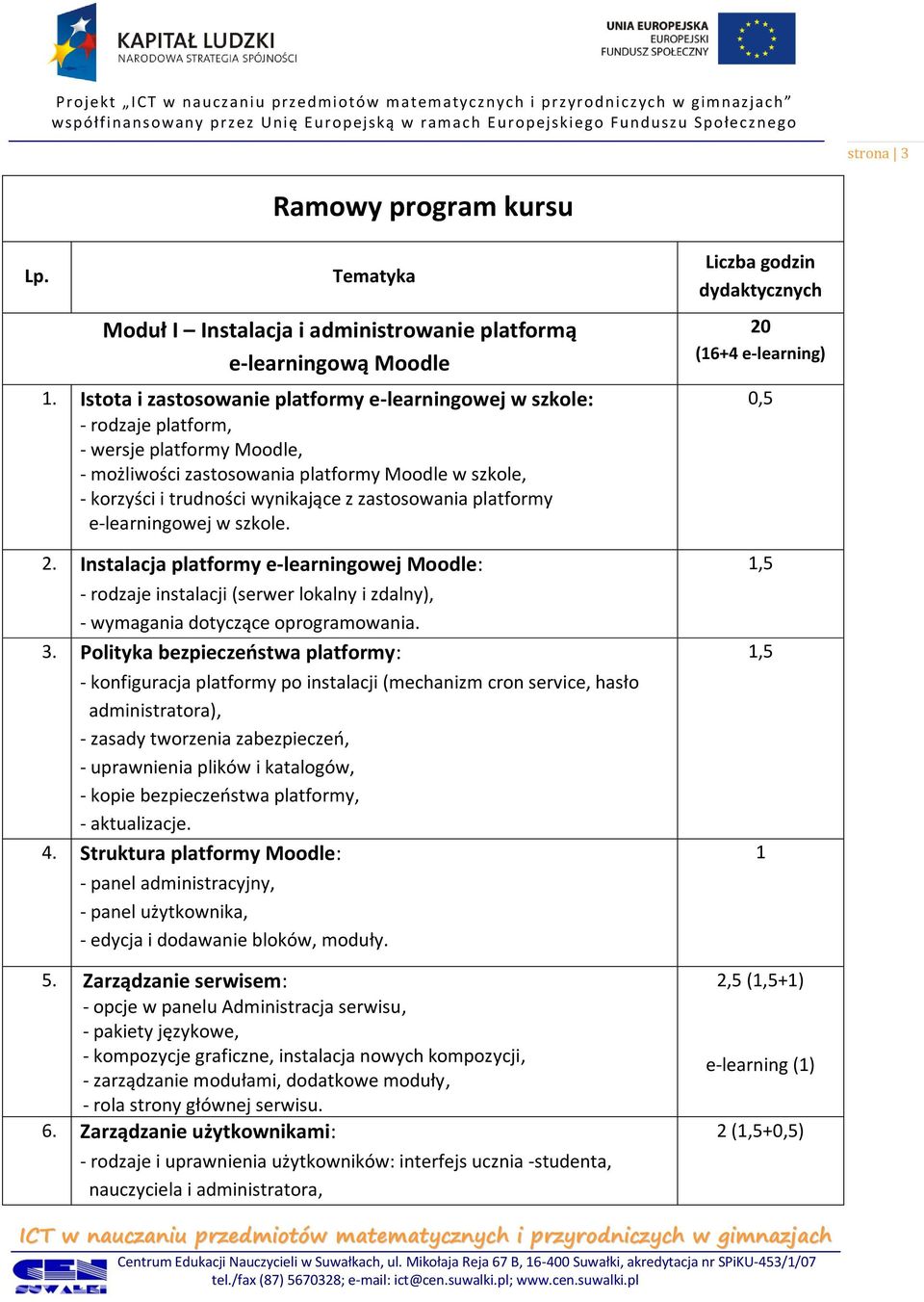 zastosowania platformy e-learningowej w szkole. 2. Instalacja platformy e-learningowej Moodle: - rodzaje instalacji (serwer lokalny i zdalny), - wymagania dotyczące oprogramowania. 3.