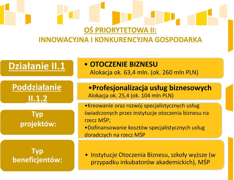 260 mln PLN) Profesjonalizacja usług biznesowych Alokacja ok. 25,4 (ok.