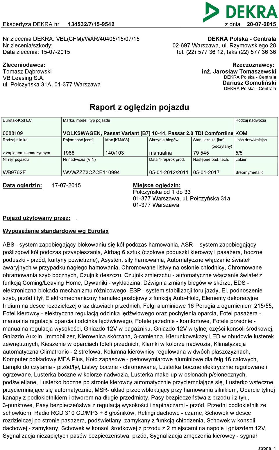 Jarosław Tomaszewski DEKRA Polska - Centrala Dariusz Gomuliński DEKRA Polska - Centrala Raport z oględzin pojazdu Eurotax-Kod EC Marka, model, typ pojazdu 008809 VOLKSWAGEN, Passat Variant [B7] 0-4,