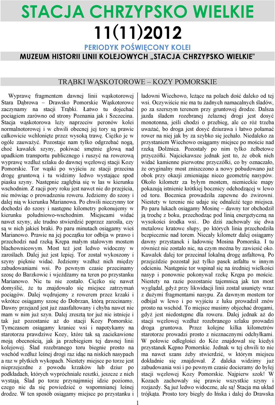 Stacja wąskotorowa leży naprzeciw peronów kolei normalnotorowej i w chwili obecnej jej tory są prawie całkowicie wchłonięte przez wysoką trawę. Ciężko je w ogóle zauważyć.