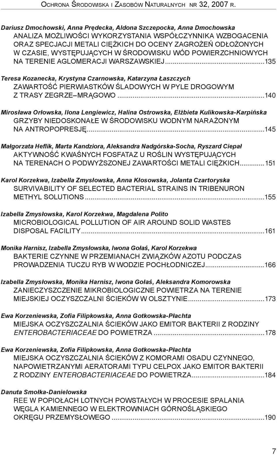 WYSTĘPUJĄCYCH W ŚRODOWISKU WÓD POWIERZCHNIOWYCH. NA TERENIE AGLOMERACJI WARSZAWSKIej...135 Teresa Kozanecka, Krystyna Czarnowska, Katarzyna Łaszczych ZAWARTOŚĆ PIERWIASTKÓW ŚLADOWYCH W PYLE DROGOWYM.