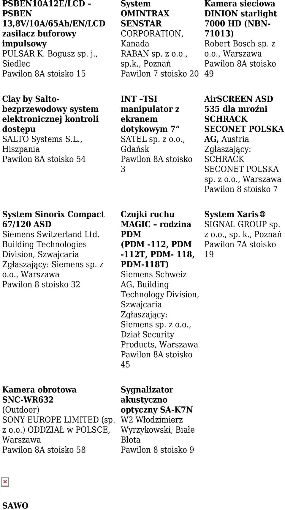 O Systems S.L., Hiszpania 54 INT TSI manipulator z ekranem dotykowym 7 SATEL sp. z o.o., Gdańsk 3 AirSCREEN ASD 535 dla mroźni SCHRACK SECONET POLSKA AG, Austria SCHRACK SECONET POLSKA sp. z o.o., Pawilon 8 stoisko 7 System Sinorix Compact 67/120 ASD Siemens Switzerland Ltd.