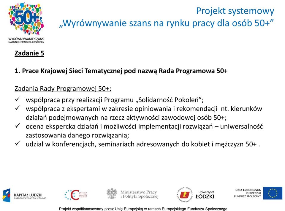 Programu Solidarność Pokoleń ; współpraca z ekspertami w zakresie opiniowania i rekomendacji nt.