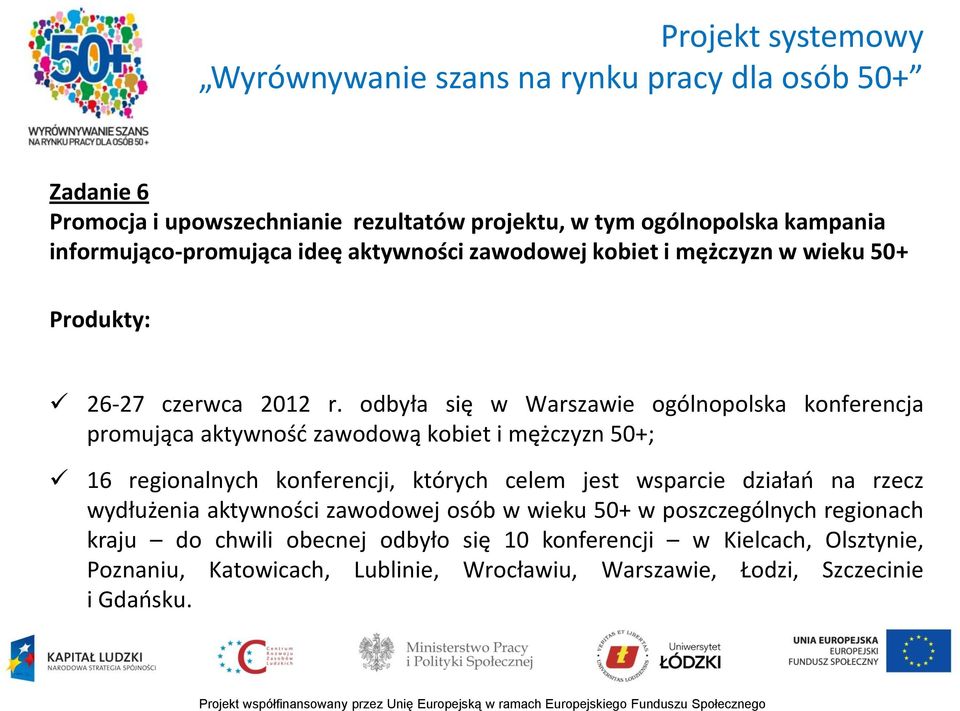 odbyła się w Warszawie ogólnopolska konferencja promująca aktywność zawodową kobiet i mężczyzn 50+; 16 regionalnych konferencji, których celem jest