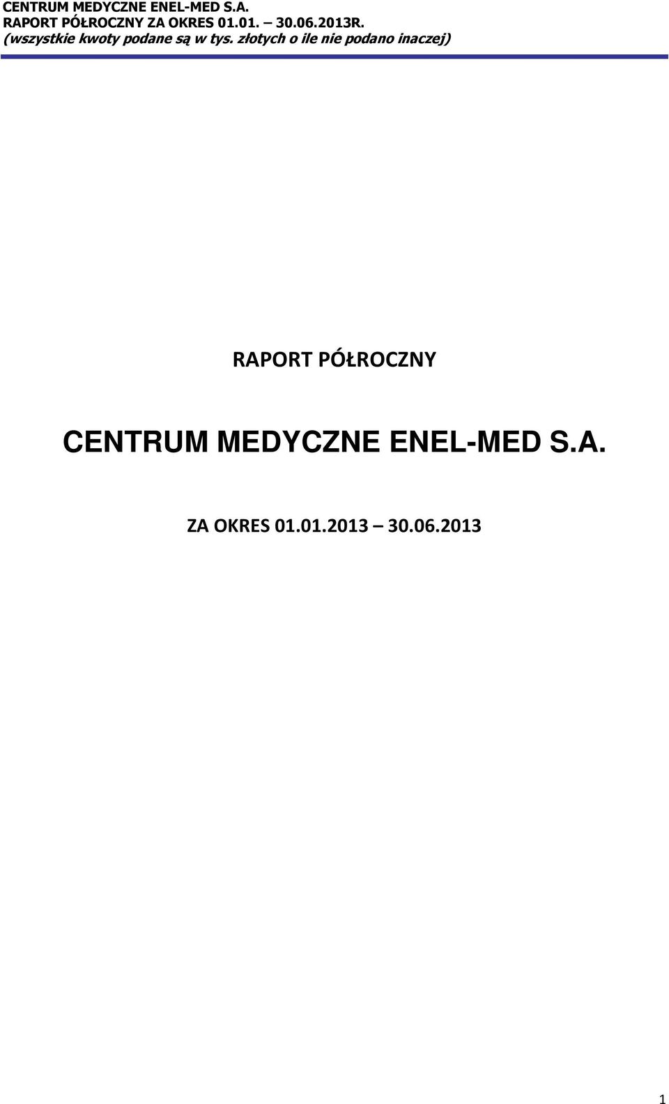 2013R. RAPORT PÓŁROCZNY  ZA OKRES 01.01.2013 30.