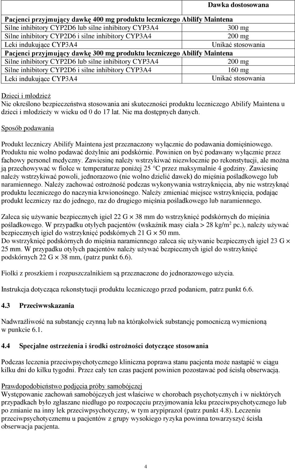 CYP2D6 i silne inhibitory CYP3A4 160 mg Leki indukujące CYP3A4 Unikać stosowania Dzieci i młodzież Nie określono bezpieczeństwa stosowania ani skuteczności produktu leczniczego Abilify Maintena u