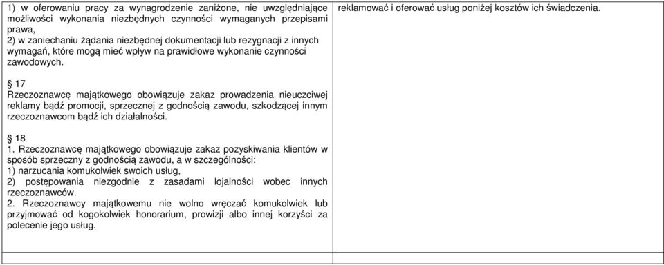 17 Rzeczoznawcę majątkowego obowiązuje zakaz prowadzenia nieuczciwej reklamy bądź promocji, sprzecznej z godnością zawodu, szkodzącej innym rzeczoznawcom bądź ich działalności. 18 1.