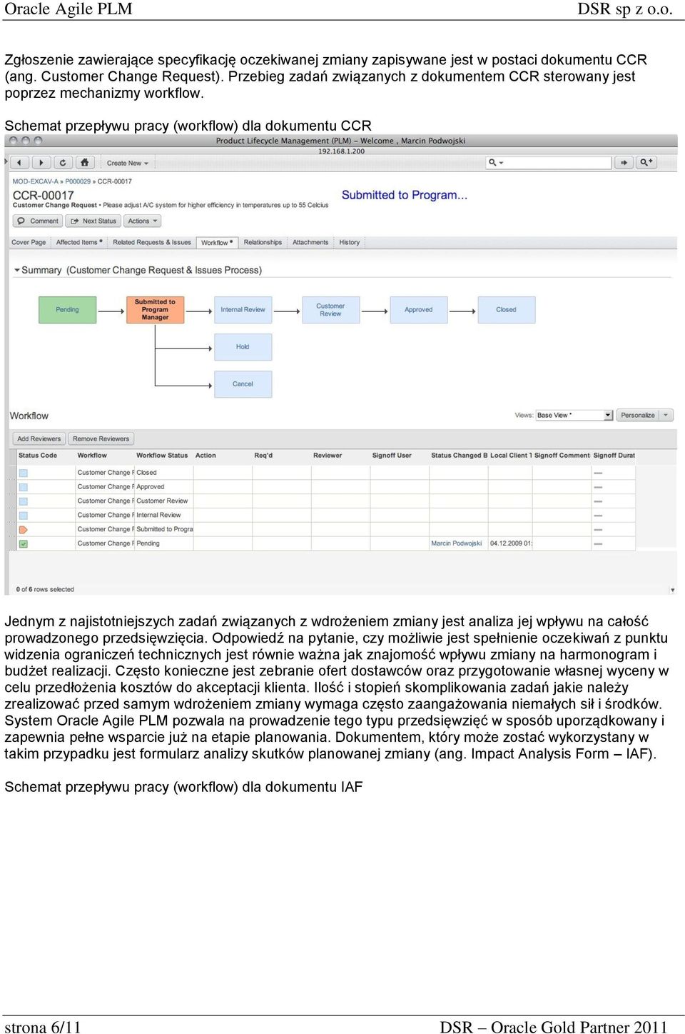 Schemat przepływu pracy (workflow) dla dokumentu CCR Jednym z najistotniejszych zadań związanych z wdrożeniem zmiany jest analiza jej wpływu na całość prowadzonego przedsięwzięcia.