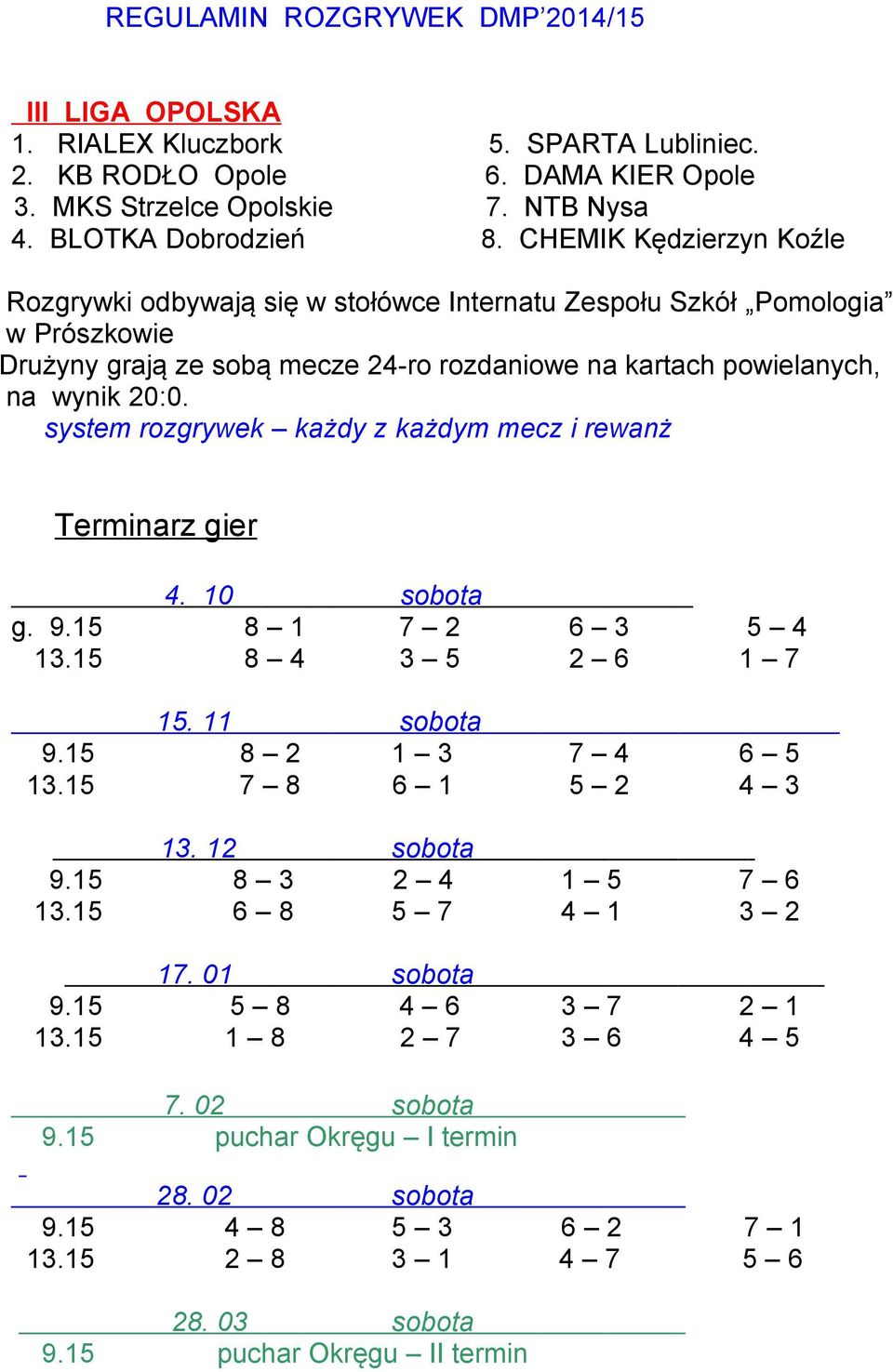 system rozgrywek każdy z każdym mecz i rewanż Terminarz gier 4. 10 sobota g. 9.15 8 1 7 2 6 3 5 4 13.15 8 4 3 5 2 6 1 7 15. 11 sobota 9.15 8 2 1 3 7 4 6 5 13.15 7 8 6 1 5 2 4 3 13. 12 sobota 9.