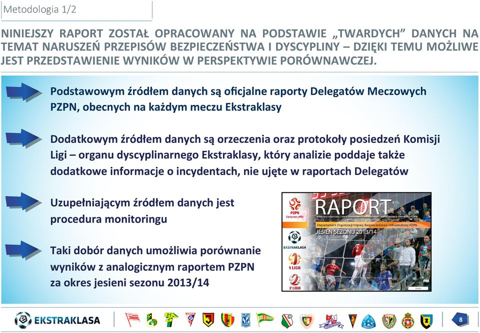 Podstawowym źródłem danych są oﬁcjalne raporty Delegatów Meczowych PZPN, obecnych na każdym meczu Ekstraklasy Dodatkowym źródłem danych są orzeczenia oraz protokoły posiedzeń