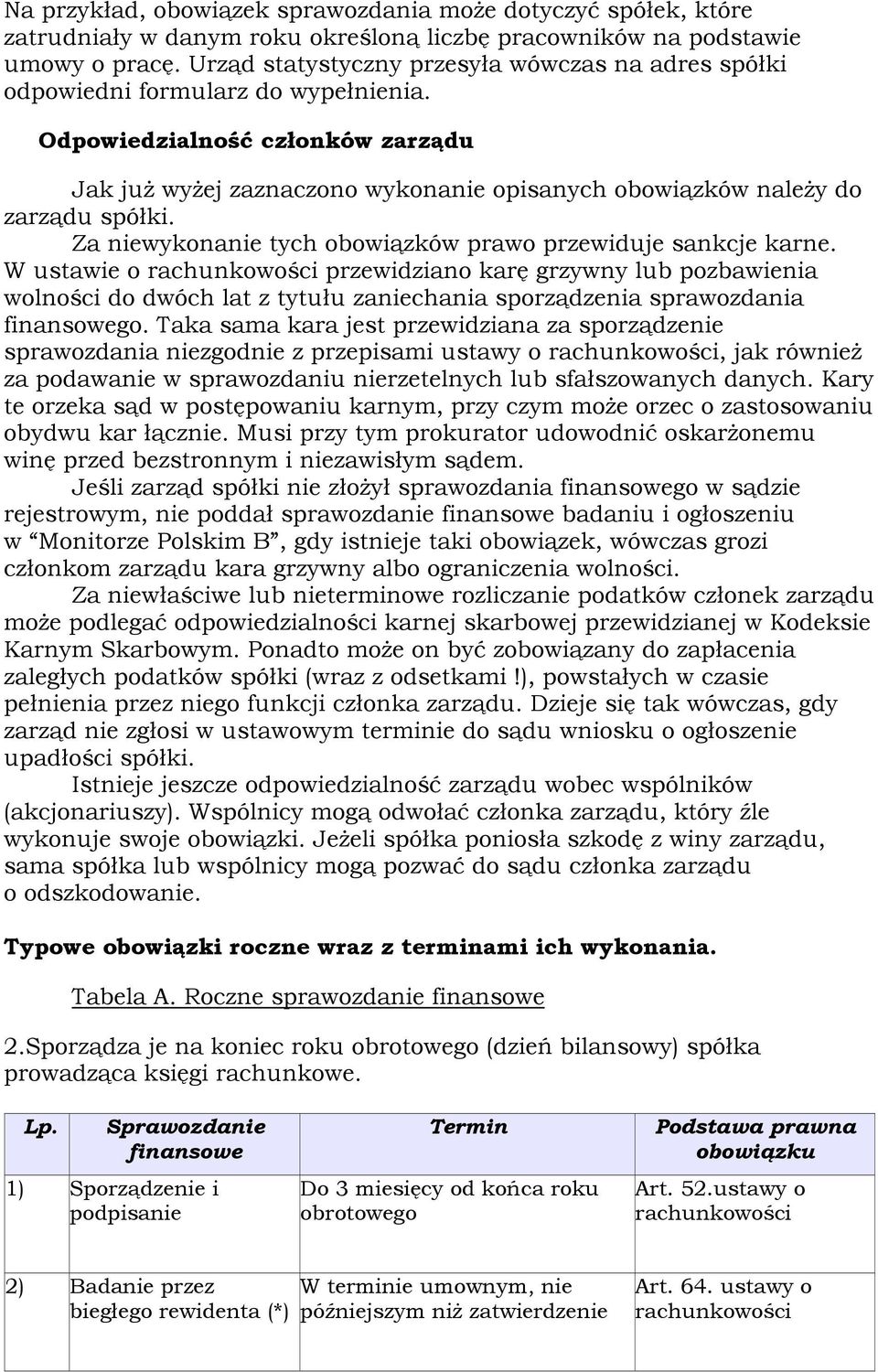Odpowiedzialność członków zarządu Jak już wyżej zaznaczono wykonanie opisanych obowiązków należy do zarządu spółki. Za niewykonanie tych obowiązków prawo przewiduje sankcje karne.