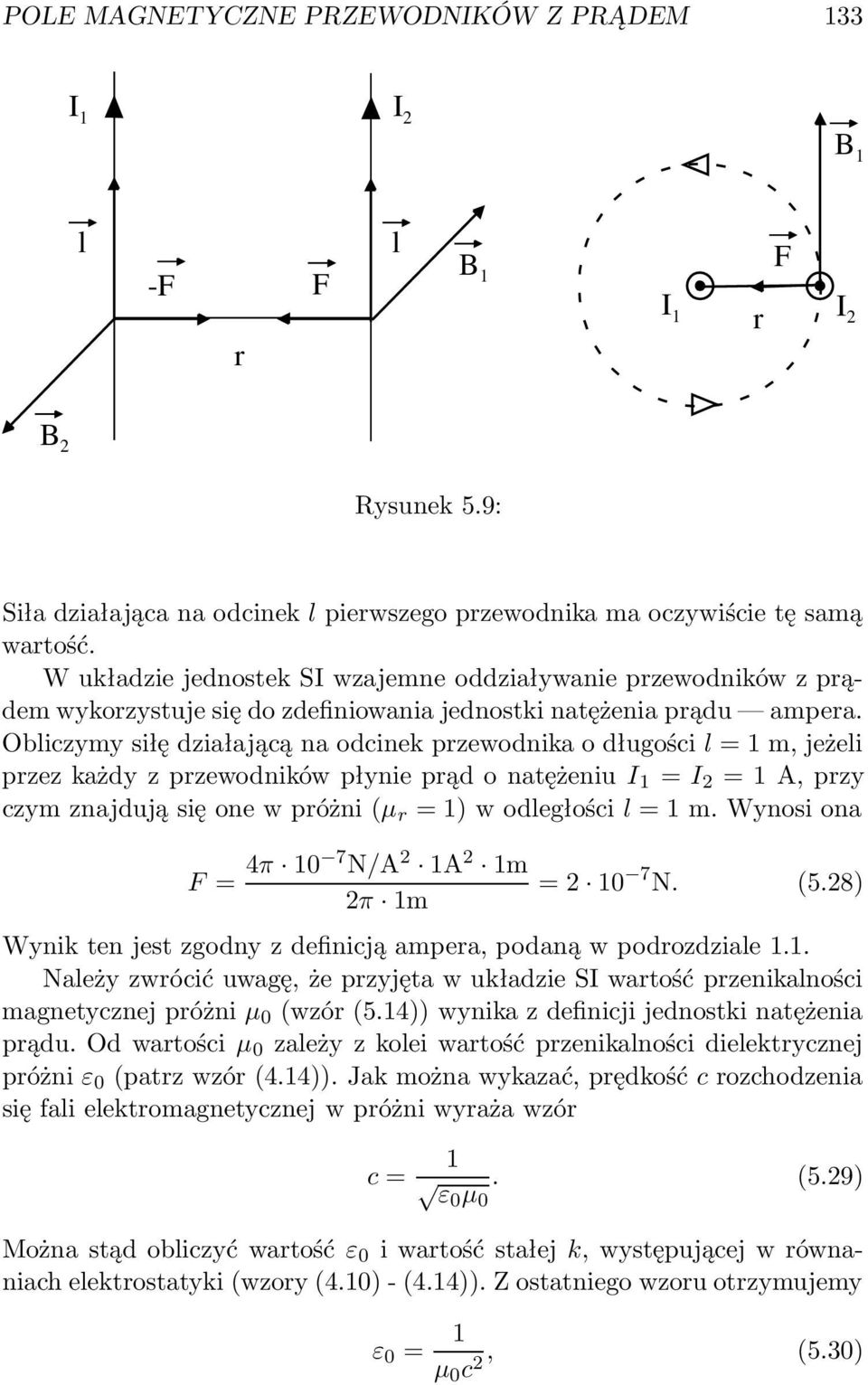 Obliczymy siłę działającą na odcinek pzewodnika o długości l = 1 m, jeżeli pzez każdy z pzewodników płynie pąd o natężeniu 1 = 2 = 1 A, pzy czym znajdują się one w póżni (µ = 1) w odległości l = 1 m.