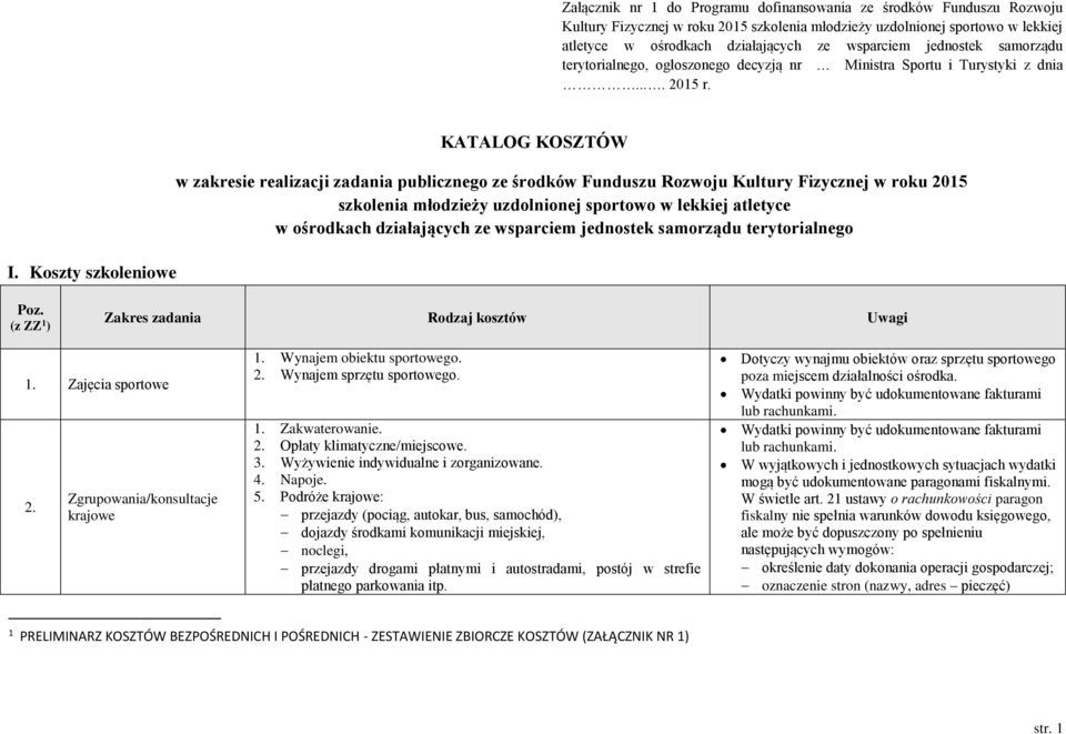 Koszty szkoleniowe KATALOG KOSZTÓW w zakresie realizacji zadania publicznego ze środków Funduszu Rozwoju Kultury Fizycznej w roku 2015 szkolenia młodzieży uzdolnionej sportowo w lekkiej atletyce w