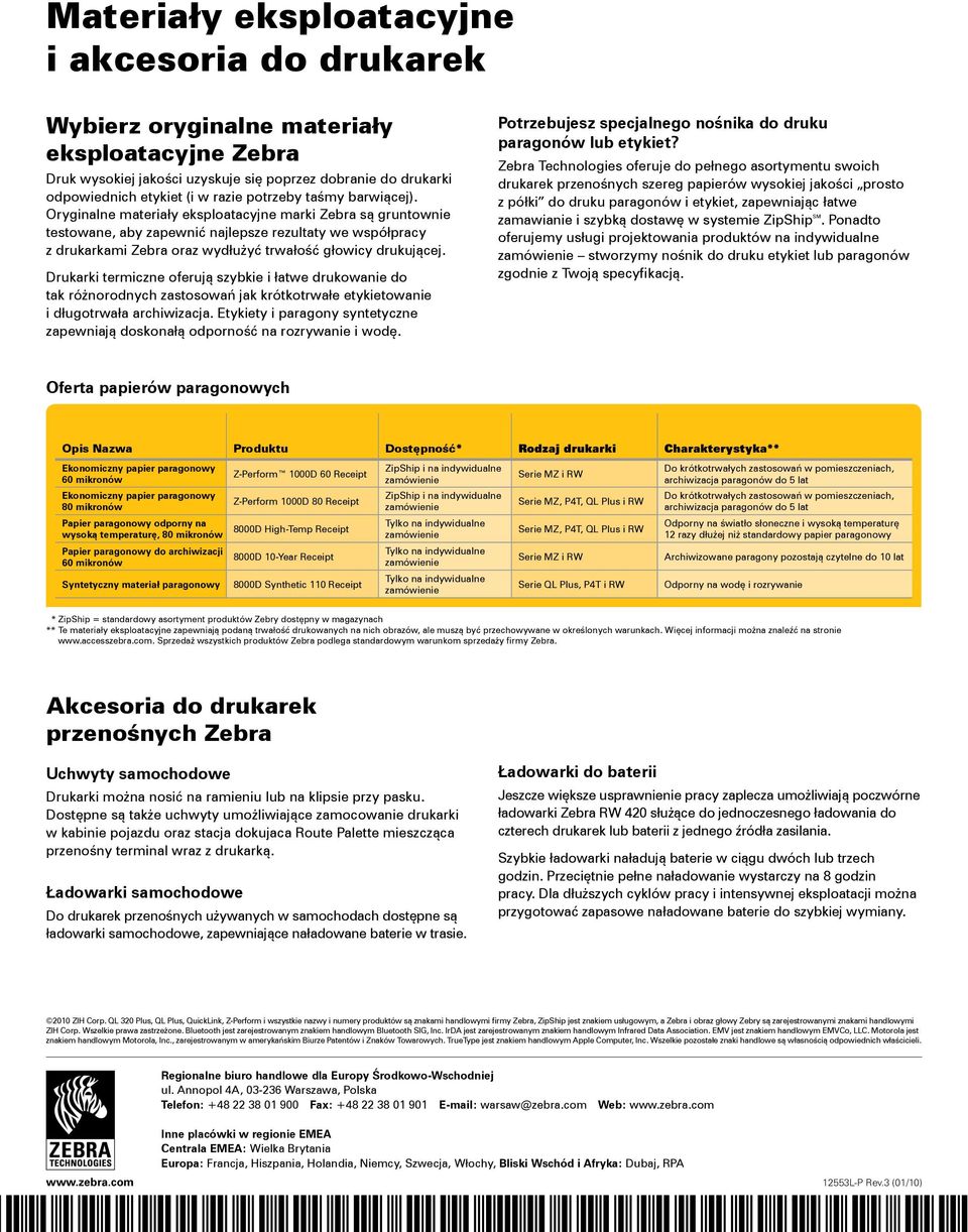 Oryginalne materiały eksploatacyjne marki Zebra są gruntownie testowane, aby zapewnić najlepsze rezultaty we współpracy z drukarkami Zebra oraz wydłużyć trwałość głowicy drukującej.