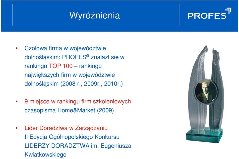 ) 9 miejsce w rankingu firm szkoleniowych czasopisma Home&Market (2009) Lider Doradztwa