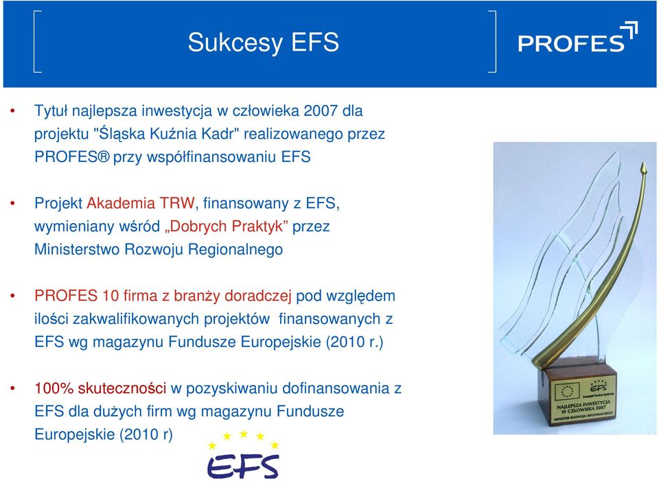 Regionalnego PROFES 10 firma z branży doradczej pod względem ilości zakwalifikowanych projektów finansowanych z EFS wg magazynu