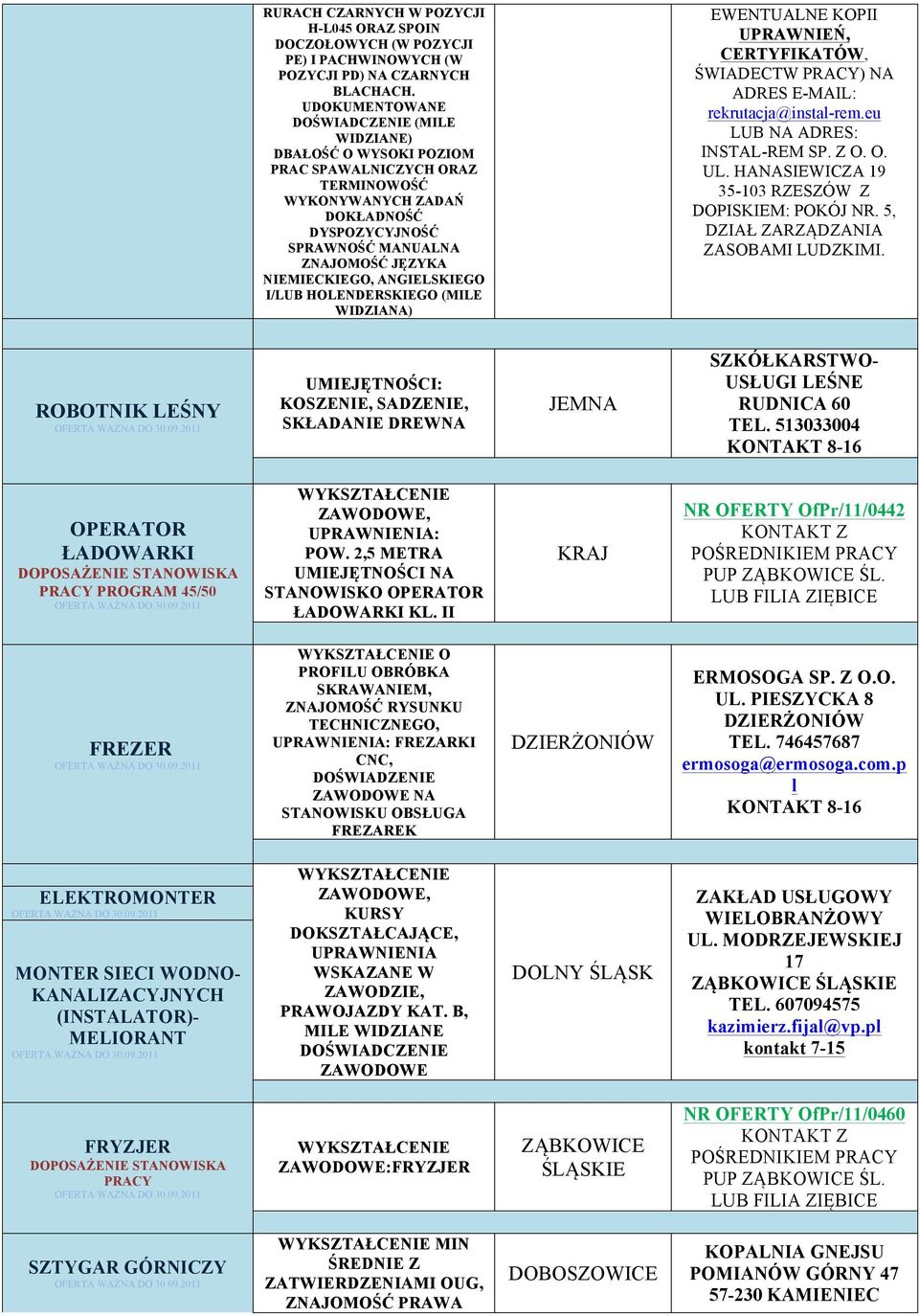 I/LUB HOLENDERSKIEGO (MILE WIDZIANA) EWENTUALNE KOPII UPRAWNIEŃ, CERTYFIKATÓW, ŚWIADECTW PRACY) NA ADRES E-MAIL: rekrutacja@instal-rem.eu LUB NA ADRES: INSTAL-REM SP. Z O. O. UL.