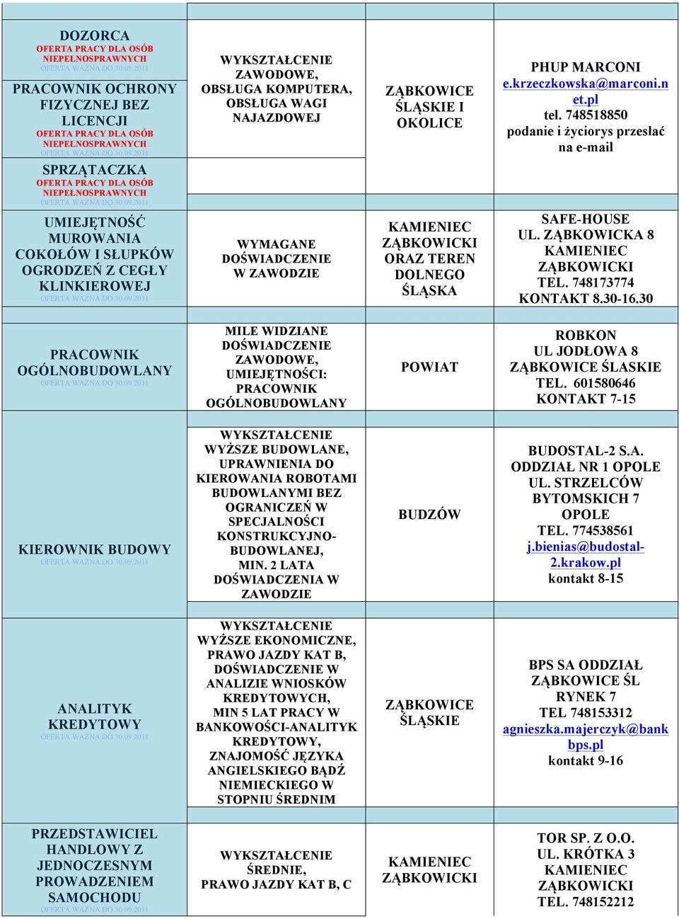 748518850 podanie i życiorys przesłać na e-mail SPRZĄTACZKA OFERTA PRACY DLA OSÓB NIEPEŁNOSPRAWNYCH UMIEJĘTNOŚĆ MUROWANIA COKOŁÓW I SŁUPKÓW OGRODZEŃ Z CEGŁY KLINKIEROWEJ WYMAGANE W ZAWODZIE ORAZ
