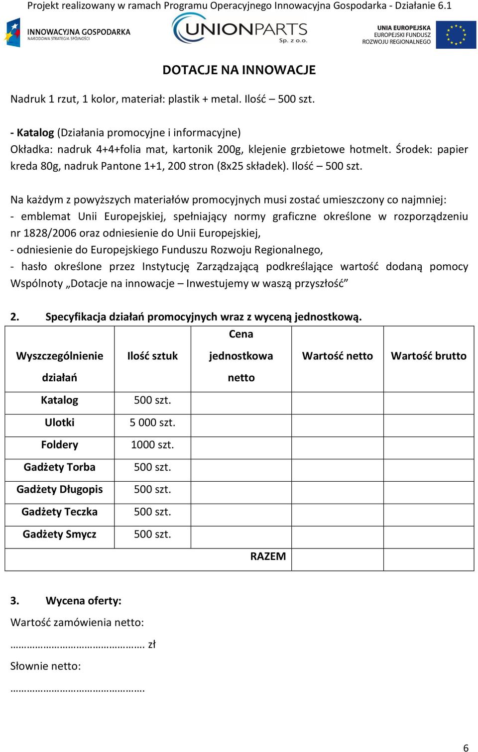 Ilość Na każdym z powyższych materiałów promocyjnych musi zostać umieszczony co najmniej: - emblemat Unii Europejskiej, spełniający normy graficzne określone w rozporządzeniu nr 1828/2006 oraz